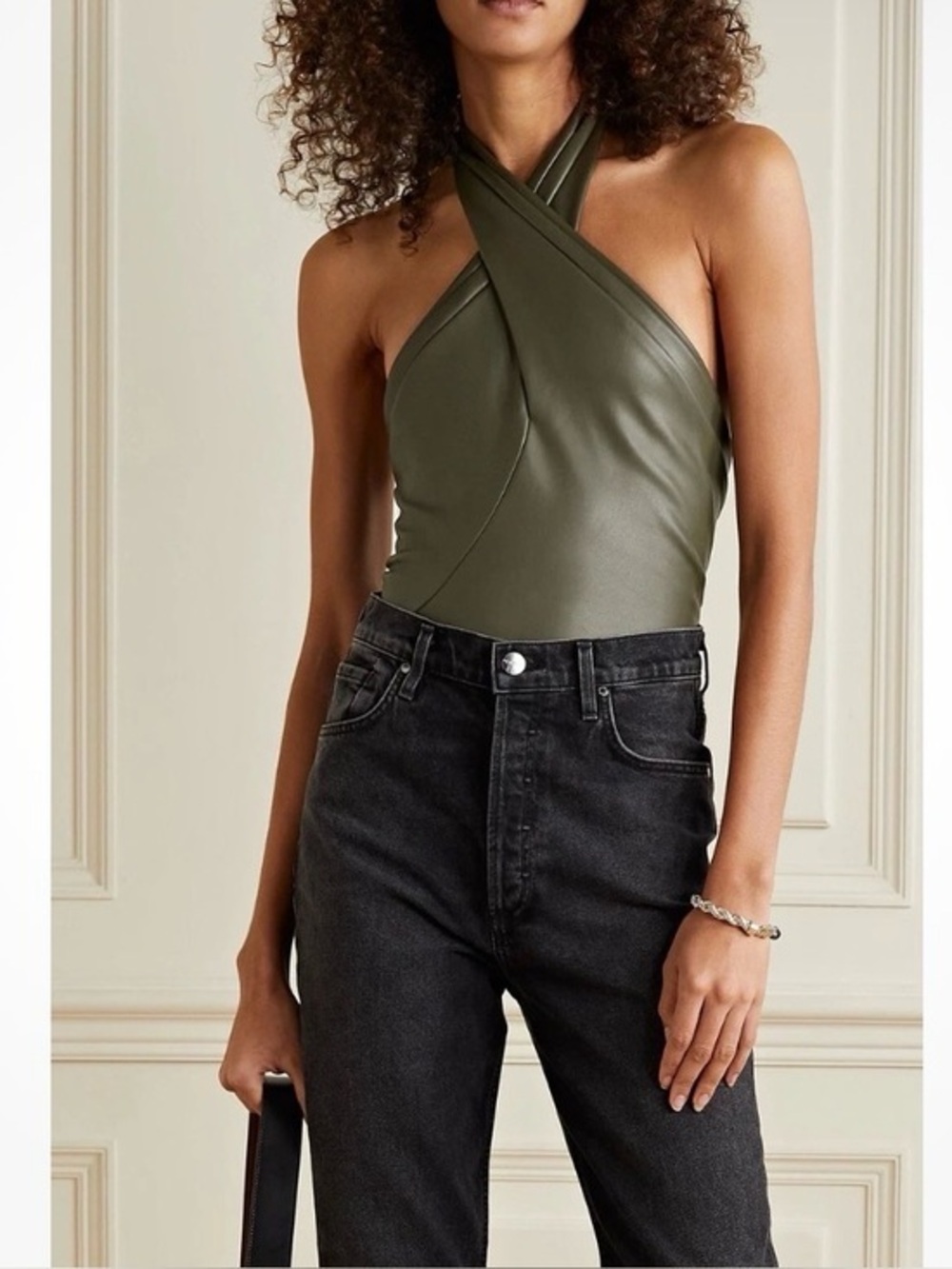 New Alix NYC Women’s Olive Green Faux Leather Halter Bodysuit Size Large NWT